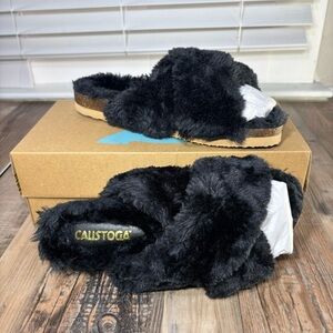 Calistoga Slippers Womens 8 House Shoes Slip On Cross Band Slide Black Faux Fur